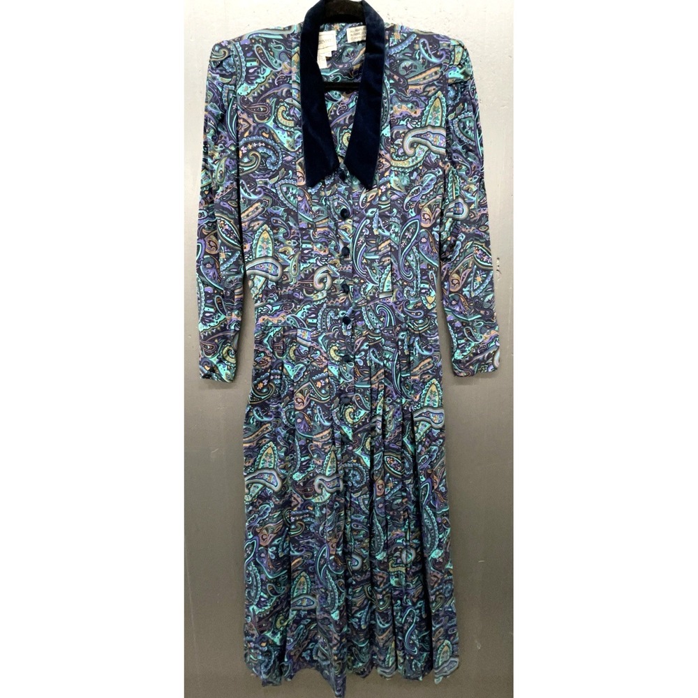 Vintage Dress Size 12 Multicolor Paisley Velvet Collar Whimsygoth Granny Cottage